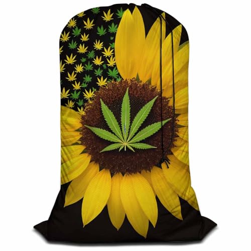 Swono Sunflower With Leaves Drawstring Portable Large Capacity Laundry Bags Summer Yellow Floral Blossom Travel Storage Bags for Apartments, Vacations, Home, 28x40 Inch - color: Sunflower With Leaves