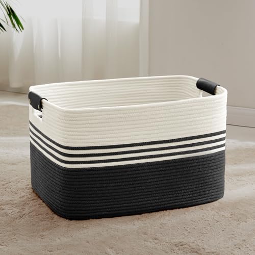 72L Large Woven Laundry Basket Hamper with Leather Handles,Black - color: Black, size: 72L