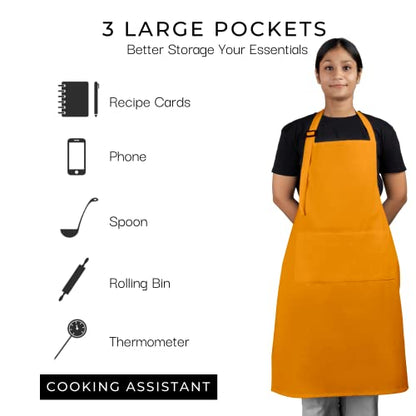 RAJRANG 100% Cotton Cooking Apron with 3 Pockets Kitchen Chef BBQ Adjustable Bib Aprons for Women Men - color: Dark Cheddar Yellow