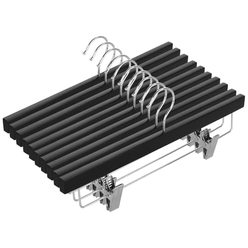 AMKUFO 20pcs Wooden Pants Hangers Solid Pants Hangers with Adjustable Clips 14 Inch Black Wood Skirt Hangers Trousers Bottom Hangers with Non-Slip Clips and 360° Swivel Hook - color: Black