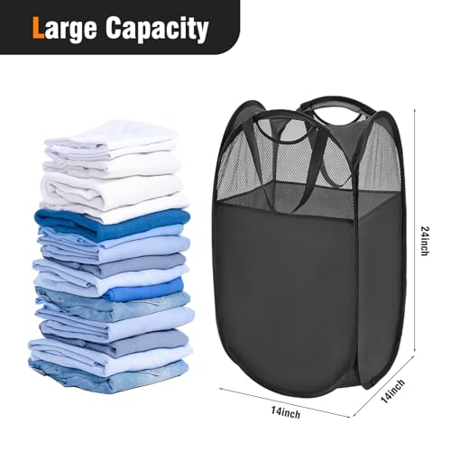 TECHMILLY Pop Up Foldable Laundry Basket, Mesh Laundry Hamper with Reinforced Handles for Dirty Clothes Storage in Dorm, Laundry Room, Bathroom, Black(Fabric) - color: Black(fabric), size: 1 Pack