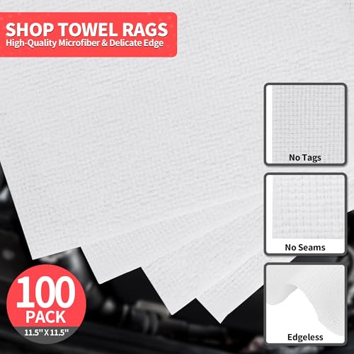White Microfiber Cleaning Cloths, 100 Pack Shop Towels Rags, Bulk Absorbent Lint-Free Detailing Cleaning Rags Microfiber Towels for Car Mechanic Automotive Garage Housekeeping, 11.5"*11.5" - color: White, style: 100 Pack