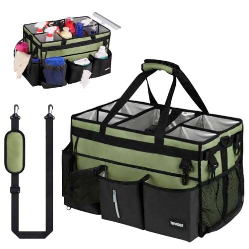 Large Cleaning Caddy Bag with Built-In Support Board, Cleaning Tote Organizer with Removable Divider, Supply Carryall with Adjustable Shoulder Strap and Waist Belt for Cleaners & Housekeeper - color: Green, size: Large