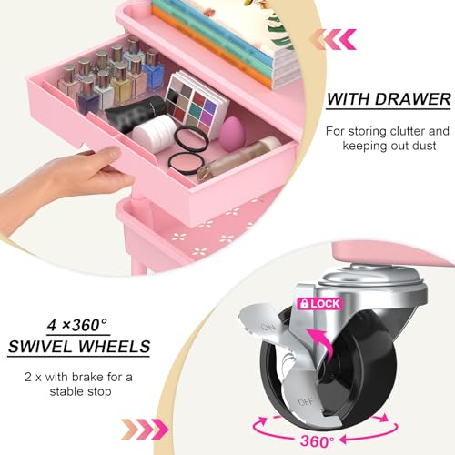 Goovilla 4 Tier Rolling Utility Cart Organizer with Removable Drawer, Pink - size: 4 Tier, style: Pink