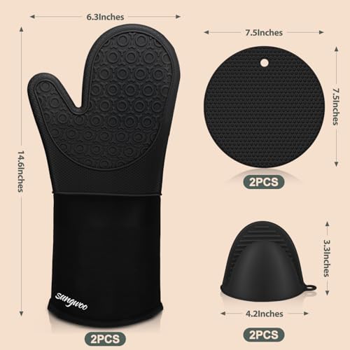 Oven Mitts and Pot Holders Set, Extra Long Silicone Oven Gloves for Kitchen - color: Black, size: 14.6in Oven Mitts Set