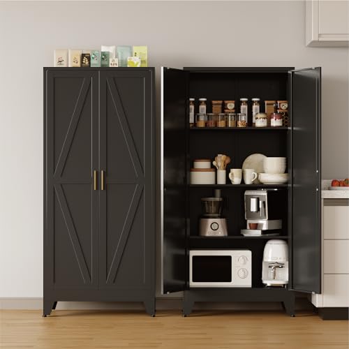 COFaR Metal Pantry Cabinet with Doors, Farmhouse 61'' Tall Storage Cabinet with 3 Adjustable Shelves, Kitchen Pantry Cabinet for Dinning Room, Garage, Laundry, Bathroom, Black 4-Tier - color: Black, size: 61'' 2 Doors 0 Drawer-Barn Door