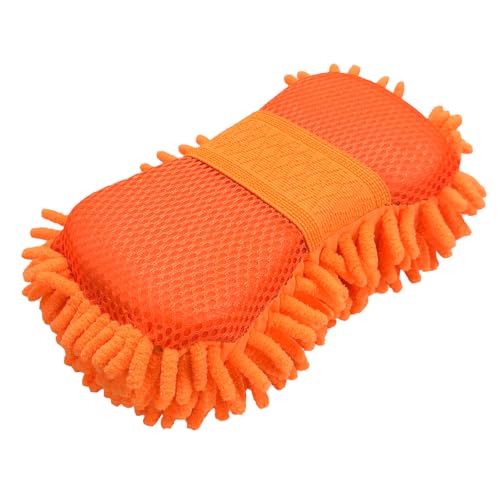 Microfiber Car Wash Sponge, Scratch-Free Vehicle Washing Mitt with Chenille & Mesh Sides, Highly Absorbent Sponge Lint-Free Cleaning Tool for Car Washing & Detailing (Orange) - color: Orange, 1 Pcs