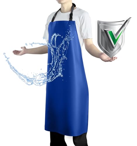 Waterproof Apron with Comfortable Adjustable Bib Rubber Vinyl Dishwasher Heavy Duty Apron for Men Women Dishwashing - color: Blue