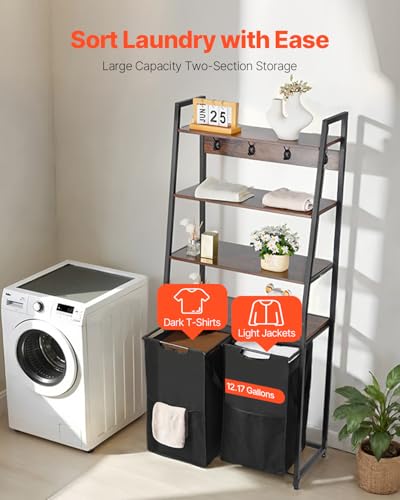 VEVOR 4 Tiers Laundry Sorter, Tall Laundry Hamper with Shelves and Hooks, 2 Section Freestanding Basket Organizer Storage with 600D Oxford Cloth Bags and Ladder Shelves for Dirty Clothes, Bathroom - style: 4 Tiers