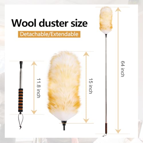 Lambswool Extendable Cleaning Duster 26-64 Inch Two-Pack, Anti-Static Wall Duster Cleaner with Sponge Grip and Stainless Steel Extension Pole for High Ceiling Fan, Interior, and Roof Dusting - size: 26-64 Inch