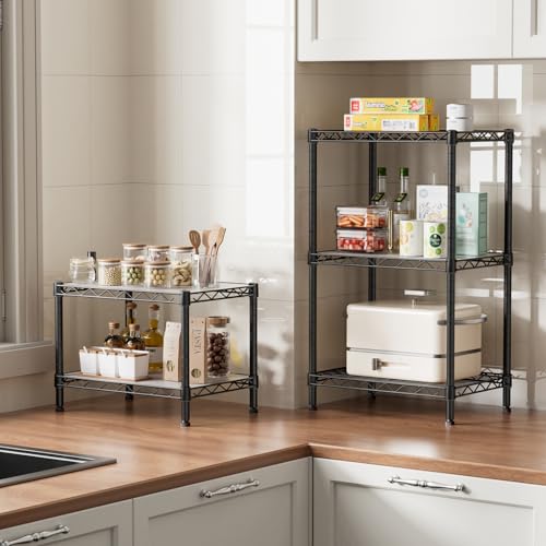 SINGAYE Small Shelves Kitchen Storage Shelf Wire Shelving Metal Adjustable - color: Black, size: 2 Tier 11.6"Dx17.6"Wx12"H