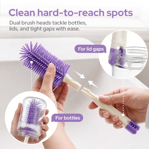 lalalark 7-in-1 Portable Baby Bottle Brush Kit, Silicone Cleaner, Purple - color: Purple