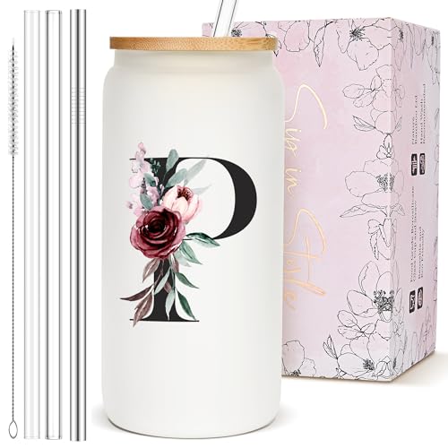 Customized Personalized Gifts for Women, Cute Glass Cups with Lids and Straws, Custom Initial Drinking Glasses Iced Coffee Cup, Letter Tumbler Mug, Daughter Mother in Law Step New Mom to Be Gifts, P - style: Letter P