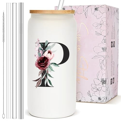 Customized Personalized Gifts for Women, Cute Glass Cups with Lids and Straws, Custom Initial Drinking Glasses Iced Coffee Cup, Letter Tumbler Mug, Daughter Mother in Law Step New Mom to Be Gifts, P - style: Letter P