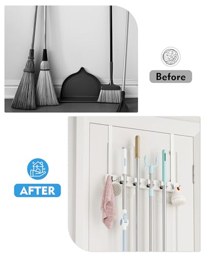 BS-VOG Over the Door Broom and Mop Holder, Broom Hanger, 4 Slots & 4 Hooks - color: White