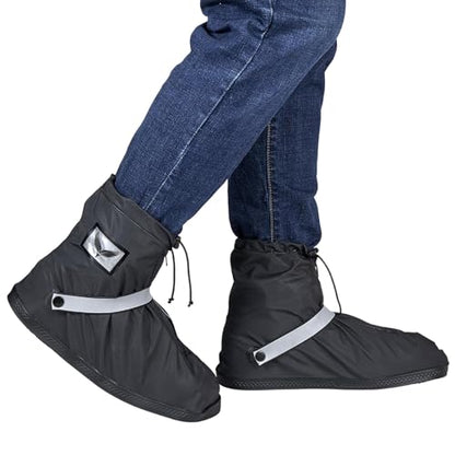 Dream Apparel Waterproof Rain Shoe Covers with Reflector Overboots Boot Covers Galoshes Men Women, Side Zipper, Non-Slip Reusable Foldable Motorcycle Rain Overshoes Over Shoe Boots Black - size: X-Large