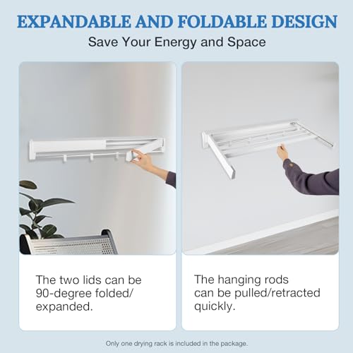 Wall Mounted Clothes Drying Rack with 7 Rods, Laundry Drying Rack Collapsible Aluminum Rods, Drying Rack Clothing for Indoor Outdoor Hanging Clothes (White, 33.07'')