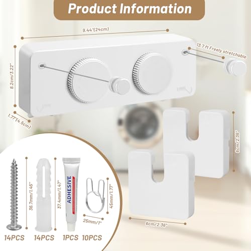 Retractable Clothesline Indoor, Non-Sagging Outdoor Clothes Line Retracting, 16.7 Ft Heavy Duty Clothes Drying Laundry Line, Wall Mounted Stainless Steel Clothesline for Balconies (Double line-White) - color: Double Line-white