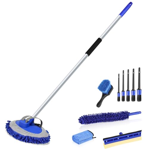 anngrowy 62" Microfiber Car Wash Brush with Long Handle Car Washing Mop Kit Mitt Sponge Car Cleaning Supplies Duster RV Washing Car Brushes, 1 Chenille Scratch-Free Replacement Head (Blue&Yellow) - color: Blue&yellow