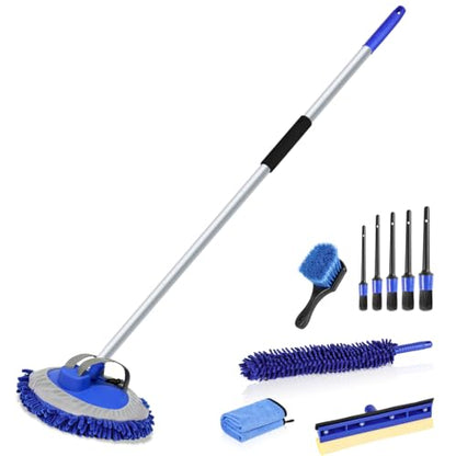 anngrowy 62" Microfiber Car Wash Brush with Long Handle Car Washing Mop Kit Mitt Sponge Car Cleaning Supplies Duster RV Washing Car Brushes, 1 Chenille Scratch-Free Replacement Head (Blue&Yellow) - color: Blue&yellow