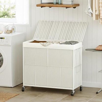 WOWLIVE Laundry Basket 3 Section, Handwoven Laundry Hamper with Wheels - color: Creamy White, size: 150l(28.4 X 13 X 26.4 Inches)