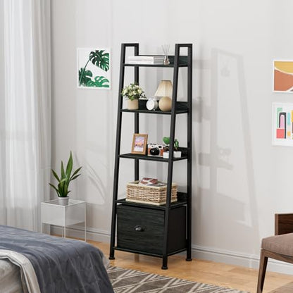 Furologee Ladder Shelf, 5 Tier Bookshelf with Fabric Drawer, Black Oak - color: Black Oak, size: 5-Tier, 15" W
