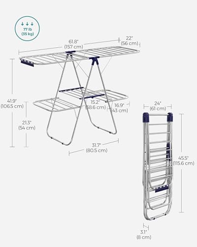 SONGMICS Clothes Drying Rack, Foldable 2-Level Stee Laundry Drying Rack - color: Silver + Blue, size: 2 Tiers（22"d x 61.8"w x 64.3''h )