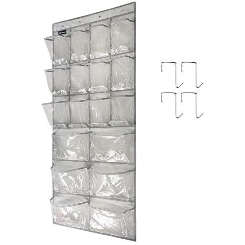 Extra Large Hanging Crystal Clear Over The Door Shoe Organizer - 18 Clear Pockets (12+6), 1 Pack (4 Hooks), Shoe Rack for Closet & Bedroom, White, (59" x 21.6") - color: A-grey&Clear