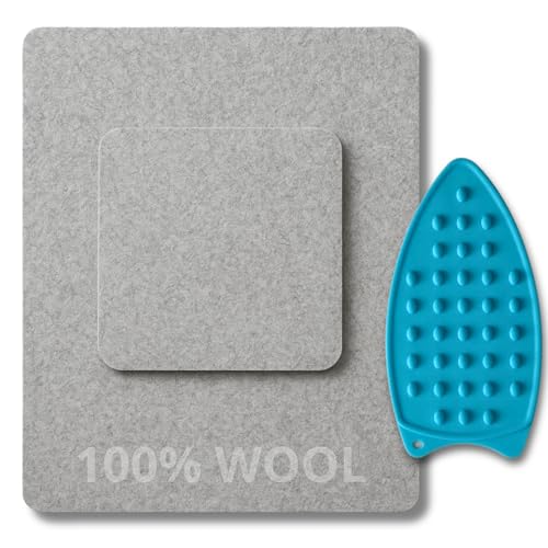 Deluxe Wool Pressing Mat Set – 24x17'' and 9x9'' Wool Ironing Mat for Quilting and Sewing Pressing Pads Large Size & Portable Size for Precision Work (As a Gift - Blue Silicone Iron Rest Pad)