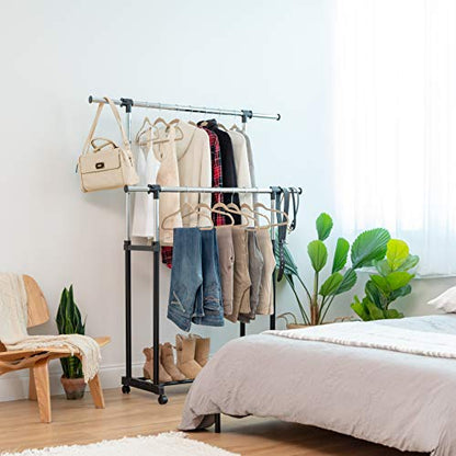 IRIS USA Portable Double-Rod Height Adjustable Clothes Rack with Extendable Bar and Lockable Wheels, Rolling Garment, Double Rod Wardrobe Rack, Easy Assemble, for Clothes, Belts, Shoes, and Bags - style: Double Extendable-Width Rods