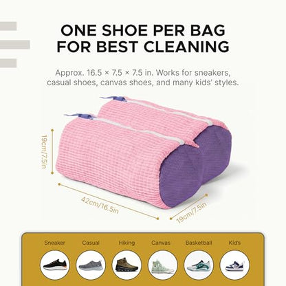 Shoe Washing Machine Bag (2 Pack), Shoe Bag for Washing Machine with Microfiber Scrub Fibers, Self-Locking Zipper Protection, 2 Adjustable Shoe Trees, Sneaker Laundry Bag for Washer and Dryer