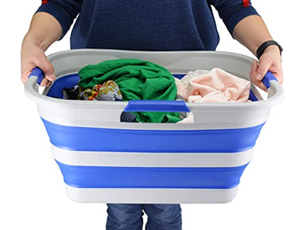 SAMMART 30L(8 gallon) Collapsible Plastic Laundry Basket - Foldable Pop Up Storage Container/Organizer - Space Saving Hamper/Basket - Water Capacity 24L(6.3 gallon) (1, Grey/Purplish Blue) - color: Grey/Purplish Blue