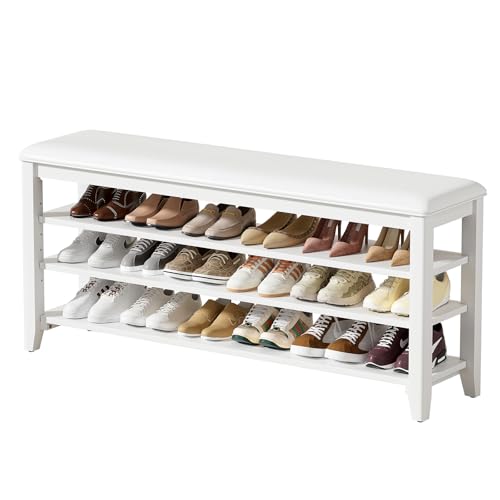 Taitiy Shoe Bench with 3 Tier Adjustable Shelves Rubberwood Entryway 47.2'' - color: White, size: 47.2''