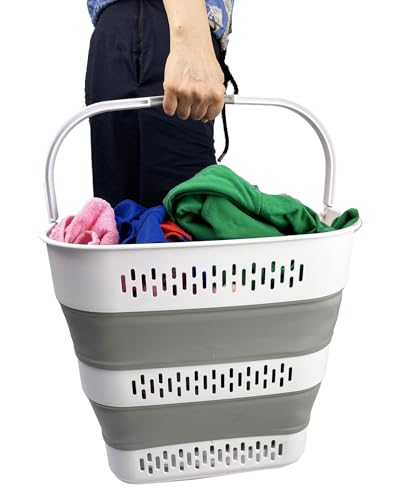 SAMMART 40L (10.5 Gallon) Collapsible Plastic Laundry Basket with Handles - Foldable Pop Up Storage Container/Organizer - Portable Laundry Hamper - Space Saving (1, White/Grey) - color: White/Grey