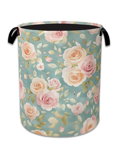 Vintage Pink Rose Laundry Basket,Foldable Waterproof Oxford Cloth Tote Bag Laundry Hamper with Handles,20.8"x16" Clothes Storage Bucket Organizer for Laundry Room, Bathroom, Bedroom - color: Vintage Pink Rose