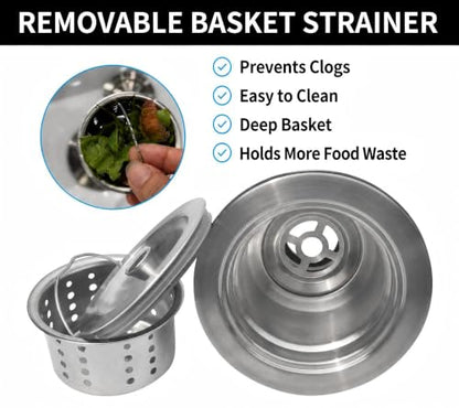Kitchen Sink Drain Assembly Kit, 3-1/2 Inch Brushed 304 Stainless Steel Basket Strainer with Deep Removable Basket, Stopper & Cover Lid, Fits Standard Kitchen Sinks - color: Brushed