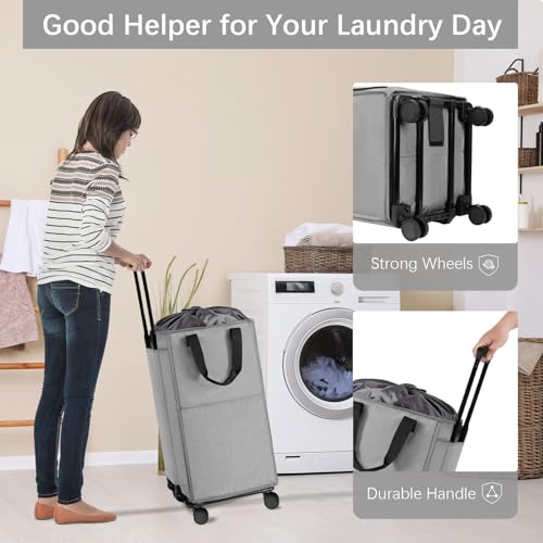 Bukere Rolling Laundry Hamper with Wheels, Large 90L Freestanding Collapsible Laundry Basket Bag for Clothes Storage, Heavy Duty Removable Wheeled Cart for College Dorm Apartment Laundry Room Bathroom - color: Grey