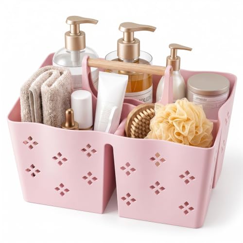 GVY Plastic Shower Caddy Portable, Large Capacity Shower Basket with Handle, Divided Bathroom Toiletry Organizer, Quick-Drain Shower Caddy for College Dorm Beach Kitchen Essentials, Pink - color: Pink