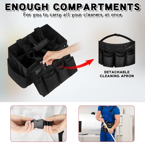 Grekos Wearable Cleaning Caddy Bag, Cleaning Caddy Suppliers Organizer with 4 Foldable Dividers, Handle & Shoulder Straps Cleaning Tool Organizers for Cleaners & Housekeeper (Black) - color: Black