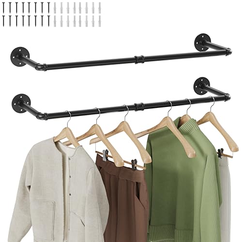 Wall Mounted Clothes Rack 32 Inch, Industrial Pipe Clothing Hanger Black, Heavy Duty Wall Mount Closet Rod for Bedroom, Entryway, Laundry Drying Rack, Retail Display Clothes Rod (Set of 2) - color: Black, size: 32 Inch (2 Pack)