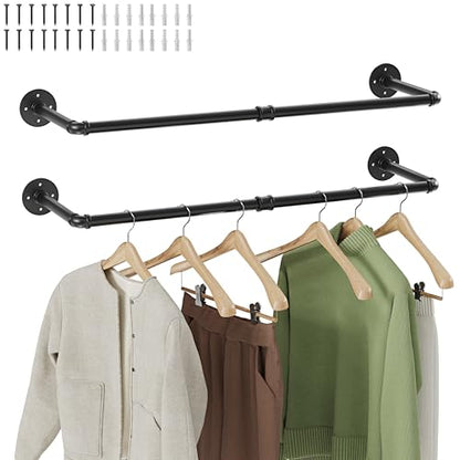 Wall Mounted Clothes Rack 32 Inch, Industrial Pipe Clothing Hanger Black, Heavy Duty Wall Mount Closet Rod for Bedroom, Entryway, Laundry Drying Rack, Retail Display Clothes Rod (Set of 2) - color: Black, size: 32 Inch (2 Pack)