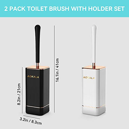 Toilet Brush and Holder, Elegant 2 Pack Silicone Toilet Bowl Brush Set with Ergonomic Long Handle, Modern Bathroom Decor Cleaning Accessories, Durable, Deep Cleaning - Black & White