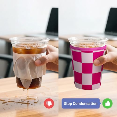 Iced Coffee Sleeve Reusable Neoprene Cup Sleeves, Pink Checkered - color: Pink Checkered