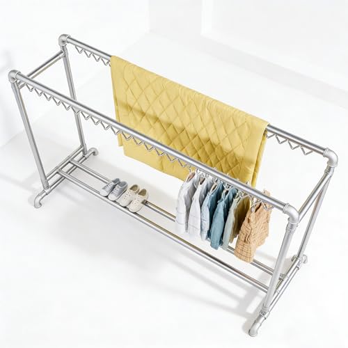 7.2ft Clothes Drying Rack, Heavy Duty Steel Laundry Rack Indoor Outdoor, Blanket Rack Clothesline with Hooks(Height 5.9ft/1.8m) - size: Height 5.9ft/1.8m