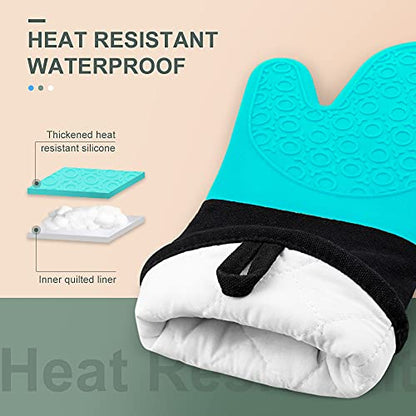 Silicone Oven Mitts - 14.6" Heat Resistant Oven Gloves for Baking, Cooking - color: Turquoise & Black, size: 14.6in Oven Mitts