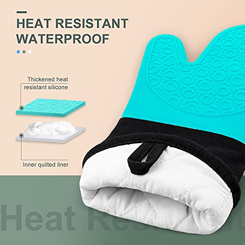 Silicone Oven Mitts - 14.6" Heat Resistant Oven Gloves for Baking, Cooking - color: Turquoise & Black, size: 14.6in Oven Mitts