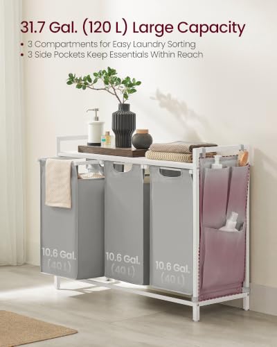 VASAGLE Laundry Hamper with Shelf, 3 Pull-Out Bags, 3 x 10.6 Gallons (40 L) - color: Dove Gray + Cloud White, size: 3 Bags - 120 L