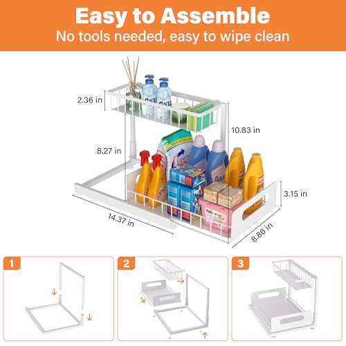 Under Sink Organizer, 2-Tier Pull-Out Metal Drawer, 2 Pack - color: White, size: Standard-2 Pack