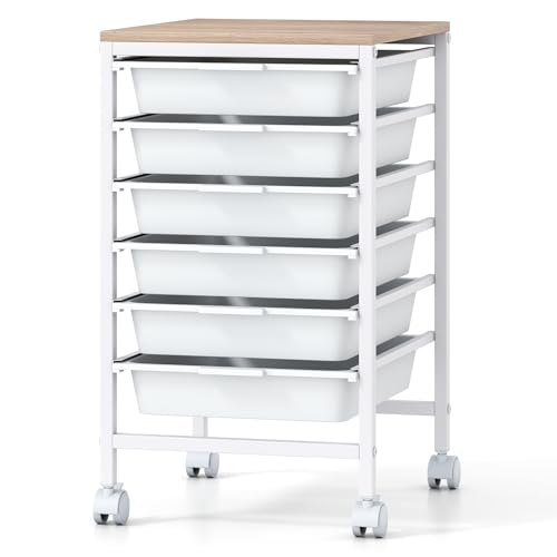Giantex Rolling Storage Cart with 6 Drawers, Utility Cart w/Wooden Tabletop, Lockable Wheels, Multipurpose Organizer for Art Craft Books Paper, Drawer Carts for Dorm Classroom Office, White - color: White, size: 6 Drawer-13"x14.5"x22.5"