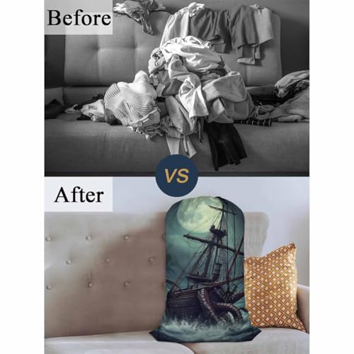 Swono Octopus Drawstring Closure Dirty Clothes Bag Organizer, Heavy Duty Large Laundry Bag, Sailboat Ocean Kraken Night Scene Rip-Stop Bags for Camp Travel, Oxford Cloth Machine Washable, Pirate Ship - color: Octopus